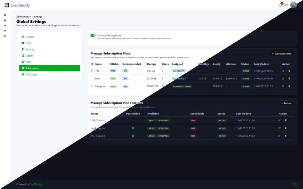 SaaS-Plattform erstellen – Preispläne anpassen & Features zuweisen in SaaSBuddy.